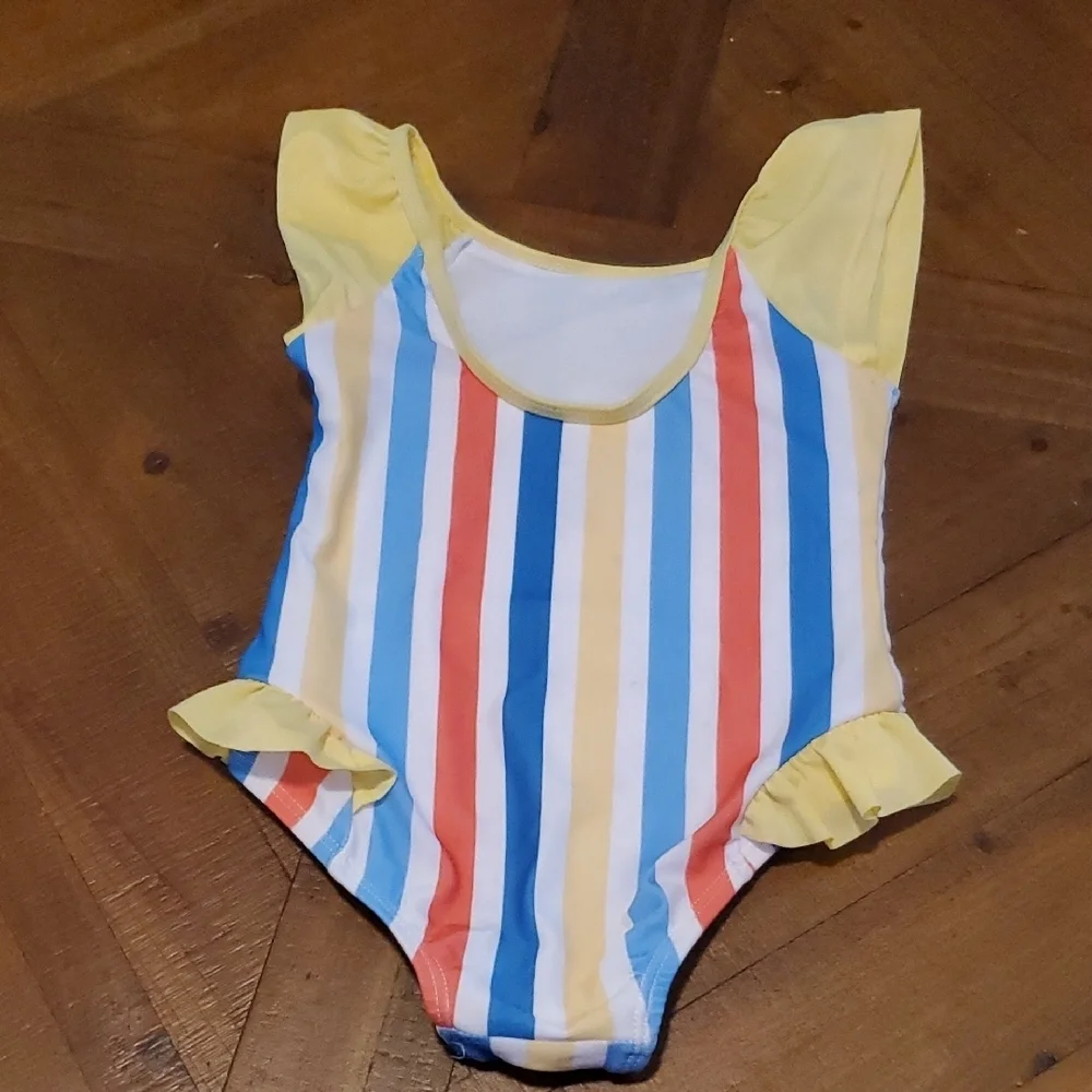 Kids Swim One Piece with Stripes and Cartoon Characters